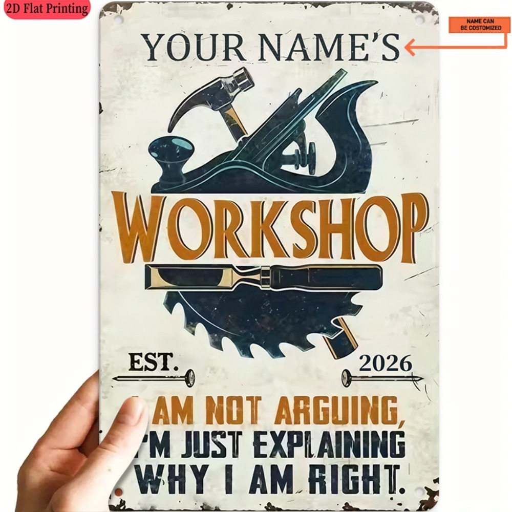 Workshop Tools With Name - [2D Flat] ป้ายโลหะสลักชื่อแบบกำหนดเอง 1 ชิ้น สำหรับตกแต่งผนังสไตล์วินเทจ