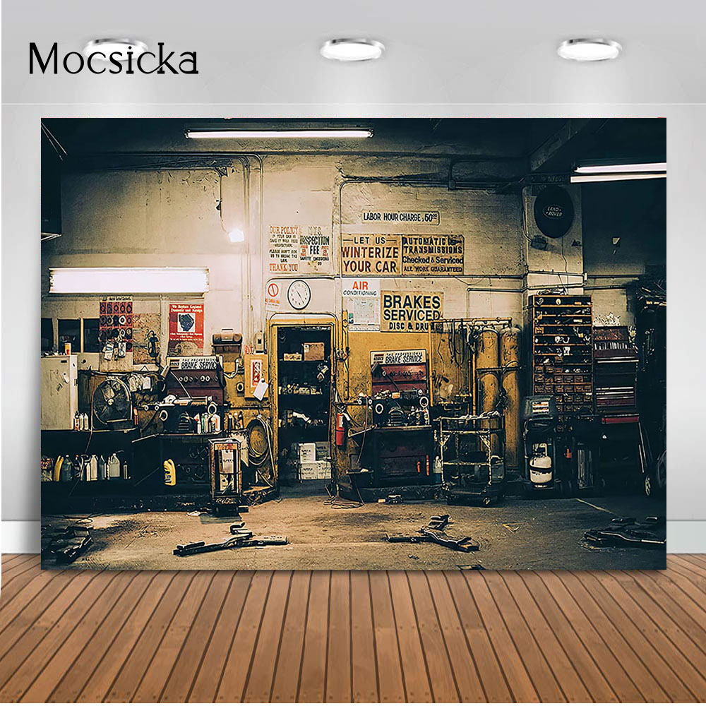 Workshop Tools Background - ฉากหลังถ่ายภาพซ่อมรถย้อนยุค รถเข็นเครื่องมือในอู่ซ่อม ภาพถ่ายบุคคล ฉากถ่ายภาพสำหรับเด็ก งานฉลองเค้ก ฉากถ่ายภาพในโรงรถ