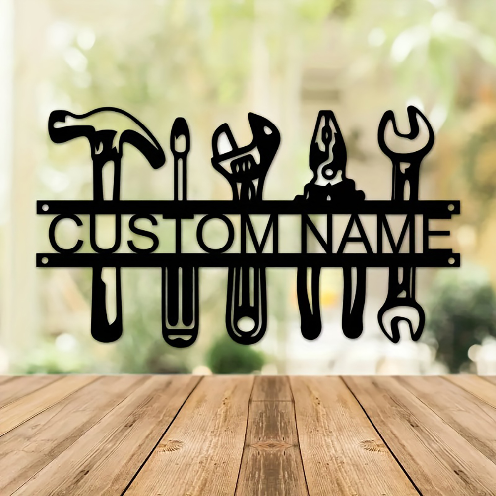 Workshop Tools With Name - ป้ายโลหะตกแต่งผนังสไตล์อินดัสเทรียล ดีไซน์เครื่องมือช่าง ทำจากเหล็ก ตกแต่งบ้านและโรงรถ ตกแต่งห้องทำงาน