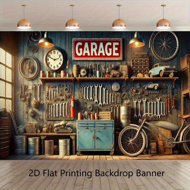 Workshop Tools Background - ฉากหลังโรงรถอุตสาหกรรม แบนเนอร์ วอลเปเปอร์ พิมพ์ลายโพลีเอสเตอร์ ตกแต่งโรงงาน ช่างซ่อม